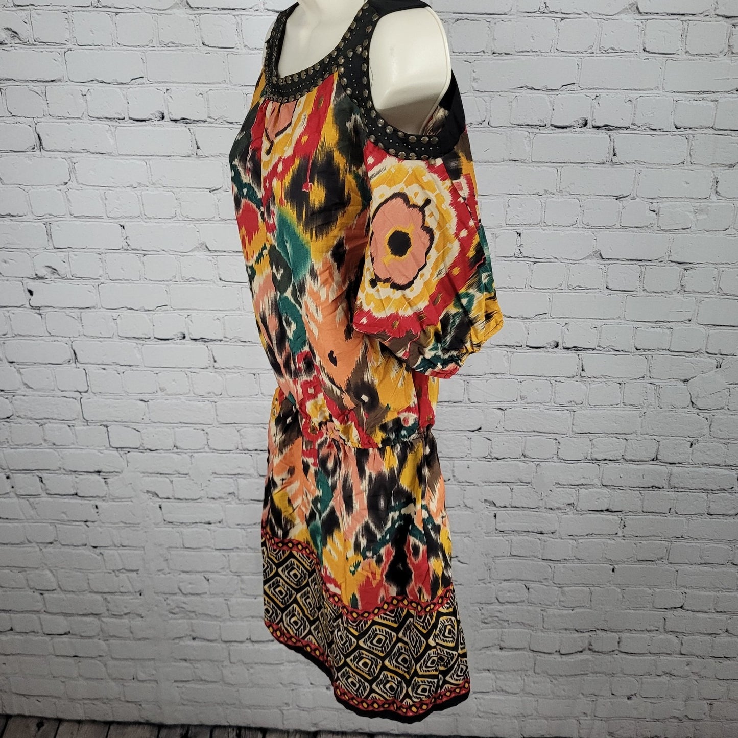 Angie Multicolor Print Embellished Neckline Cold Shoulder Dress Size Medium M