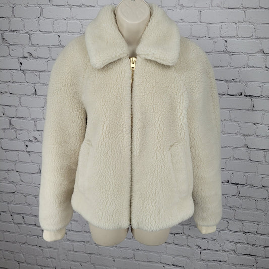 J.CREW Ivory Faux Fur Sherpa Gold Zip Knit Cuff Pockets Jacket Size Small S