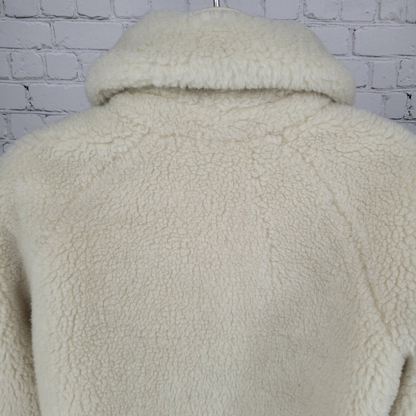 J.CREW Ivory Faux Fur Sherpa Gold Zip Knit Cuff Pockets Jacket Size Small S