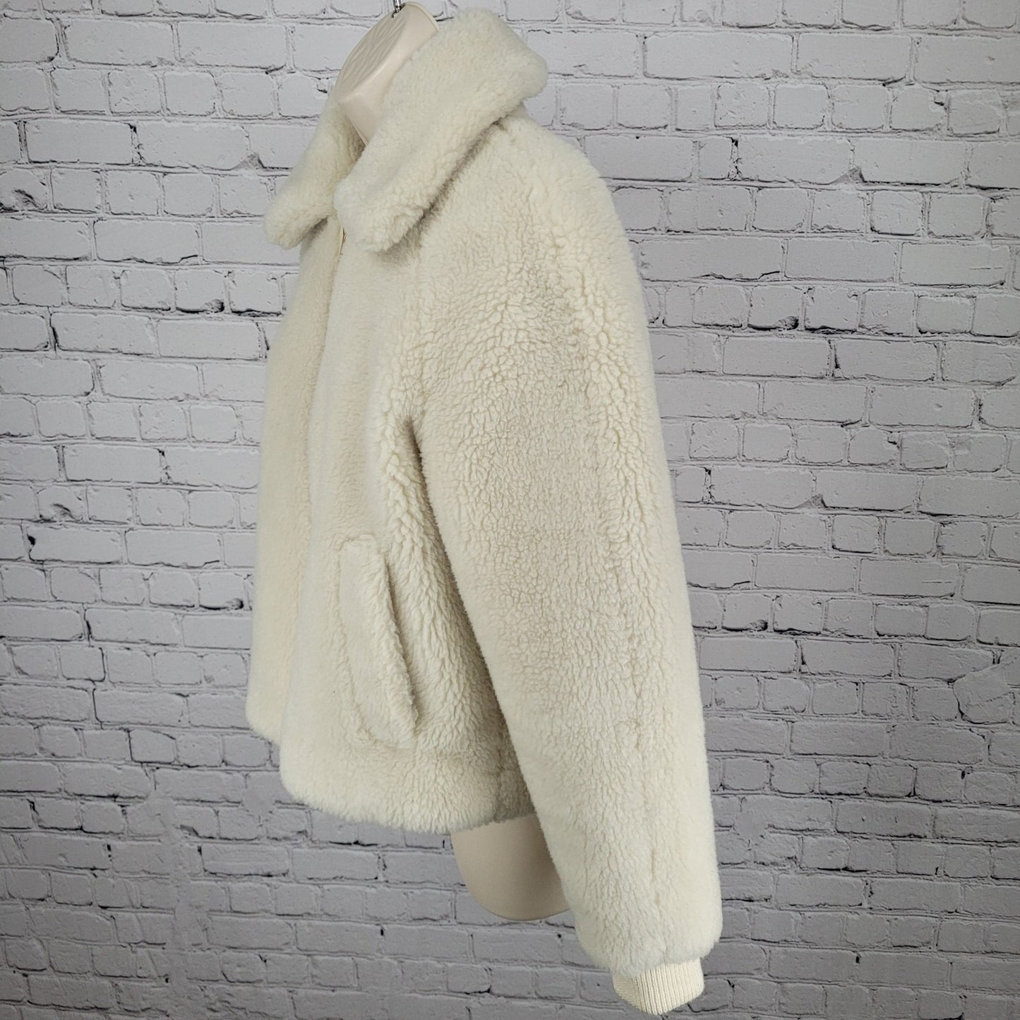 J.CREW Ivory Faux Fur Sherpa Gold Zip Knit Cuff Pockets Jacket Size Small S
