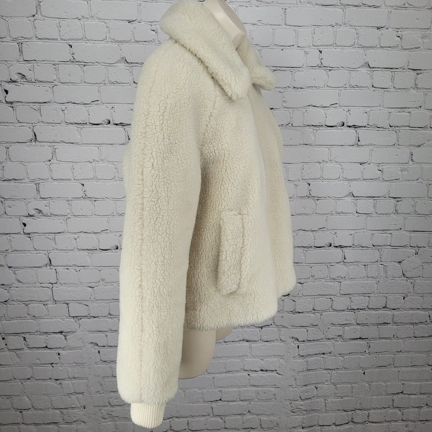 J.CREW Ivory Faux Fur Sherpa Gold Zip Knit Cuff Pockets Jacket Size Small S
