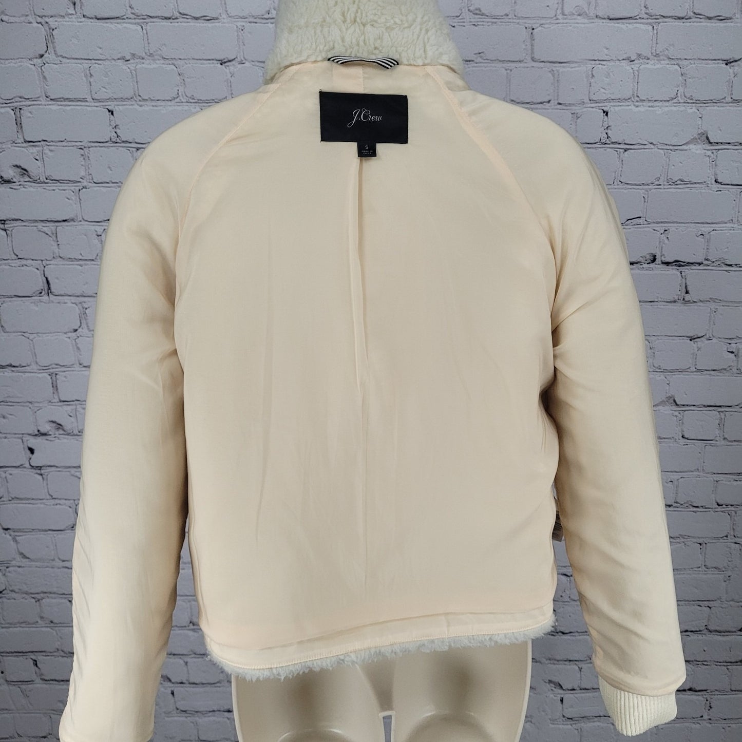 J.CREW Ivory Faux Fur Sherpa Gold Zip Knit Cuff Pockets Jacket Size Small S
