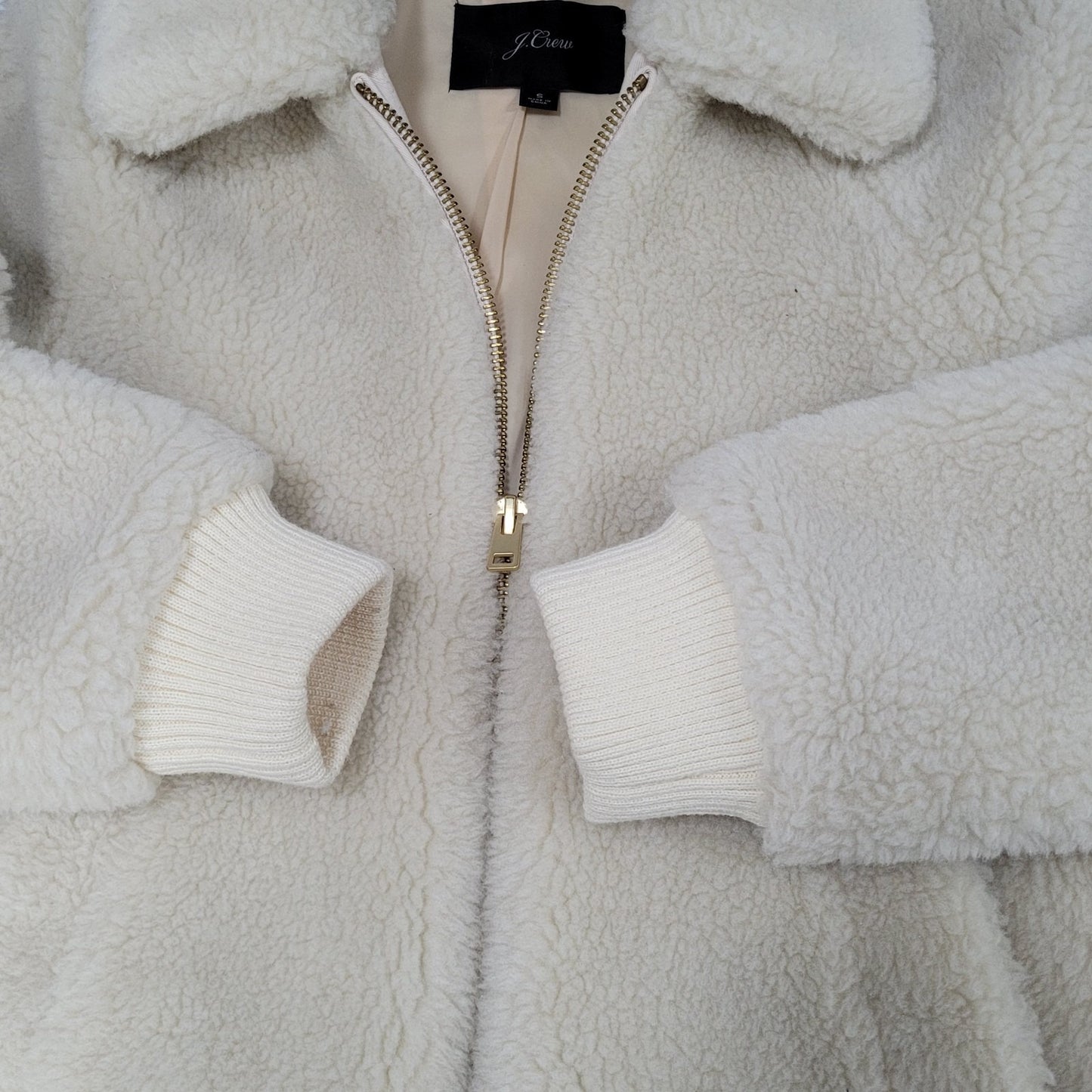 J.CREW Ivory Faux Fur Sherpa Gold Zip Knit Cuff Pockets Jacket Size Small S
