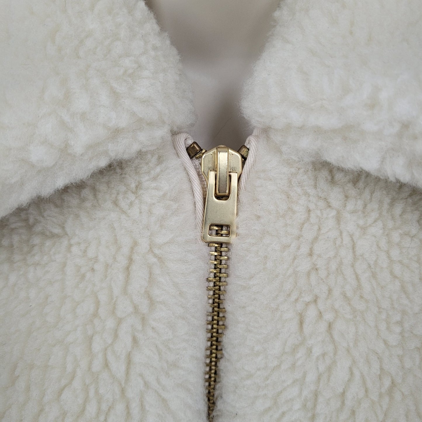 J.CREW Ivory Faux Fur Sherpa Gold Zip Knit Cuff Pockets Jacket Size Small S