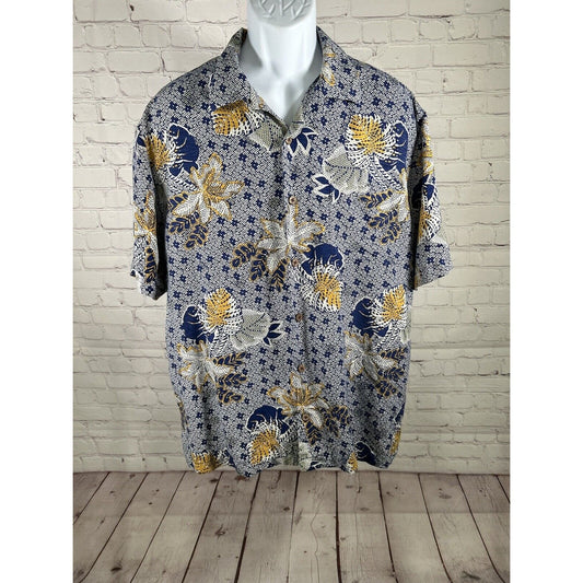Caribbean 100% Pure Silk Button Up Short Sleeve Blue Yellow Hawaiian Shirt XL