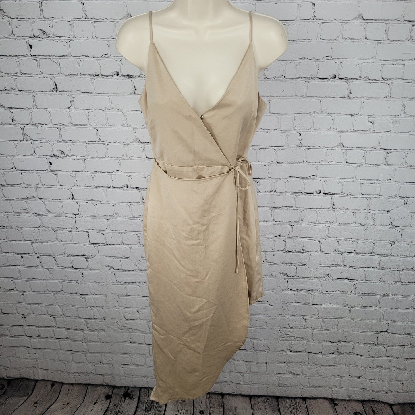 NWD BCBG Pale Gold Silky Strappy Asymmetric Wrap Tie Dress Size 2