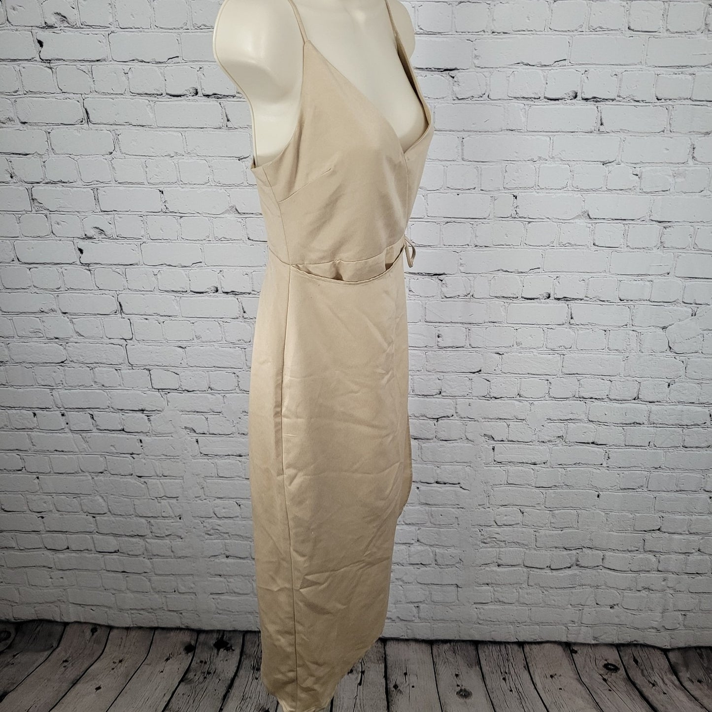 NWD BCBG Pale Gold Silky Strappy Asymmetric Wrap Tie Dress Size 2