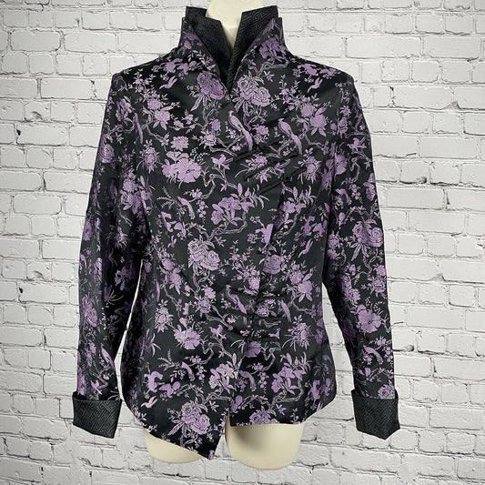 Asian Trend Black Purple Silk Chinese Cheongsam Long Sleeve Shirt Size Medium M