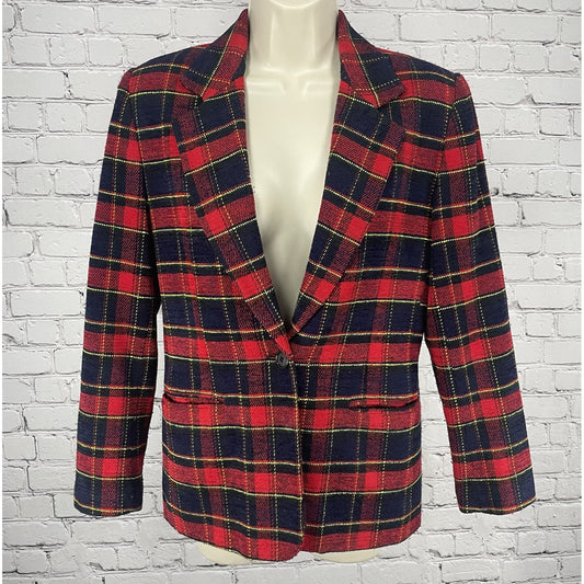 VTG Joan Leslie Red Plaid 1 Button Notch Blazer Easy Care Pockets Lined Size 6P