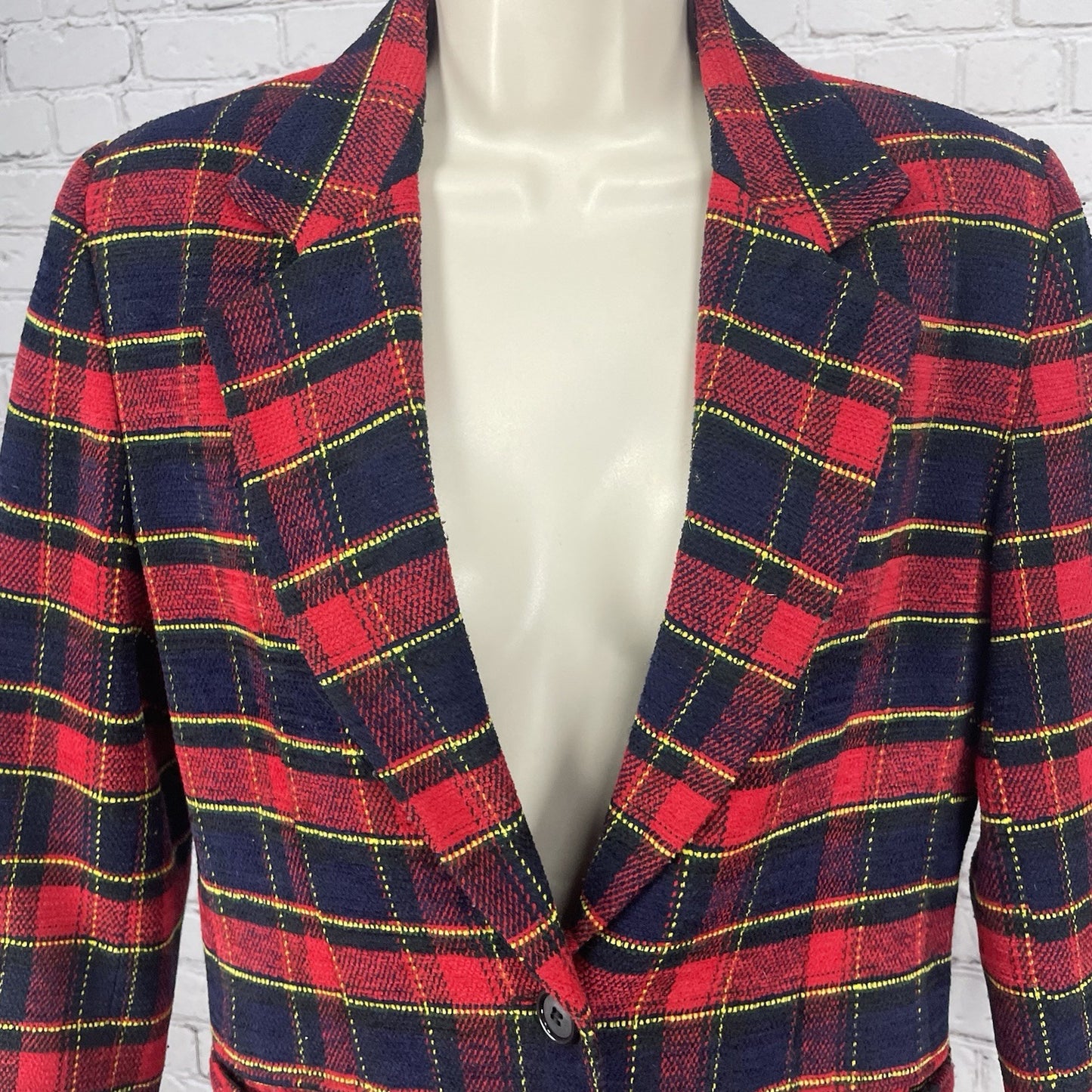 VTG Joan Leslie Red Plaid 1 Button Notch Blazer Easy Care Pockets Lined Size 6P
