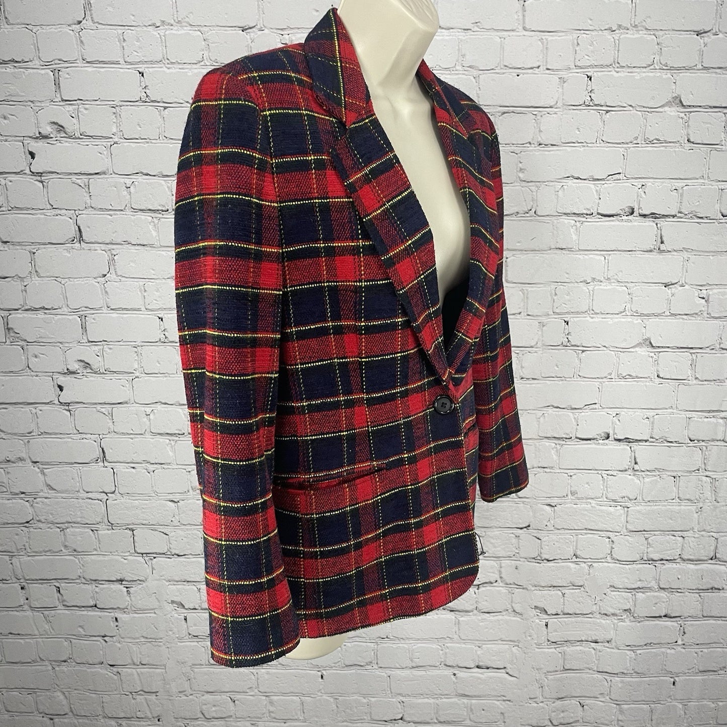 VTG Joan Leslie Red Plaid 1 Button Notch Blazer Easy Care Pockets Lined Size 6P