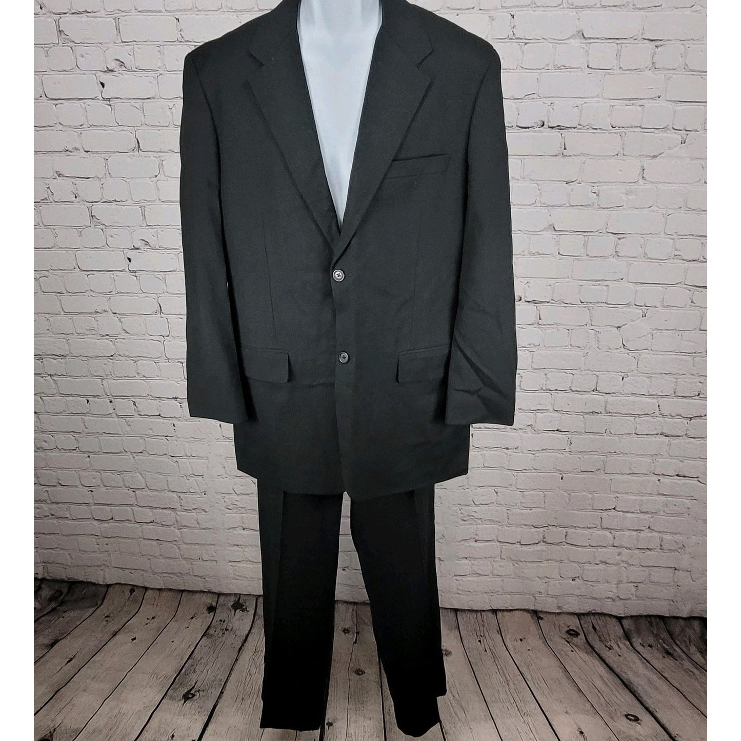 Perry Ellis Black Wool Blend Full Suit Set Notch Jacket 42 Pleated Pants 34x30
