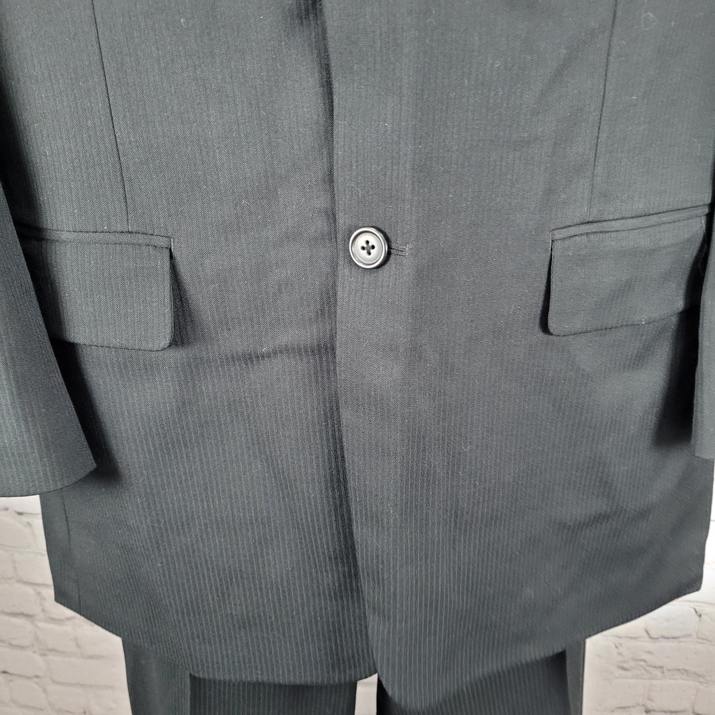 Perry Ellis Black Wool Blend Full Suit Set Notch Jacket 42 Pleated Pants 34x30