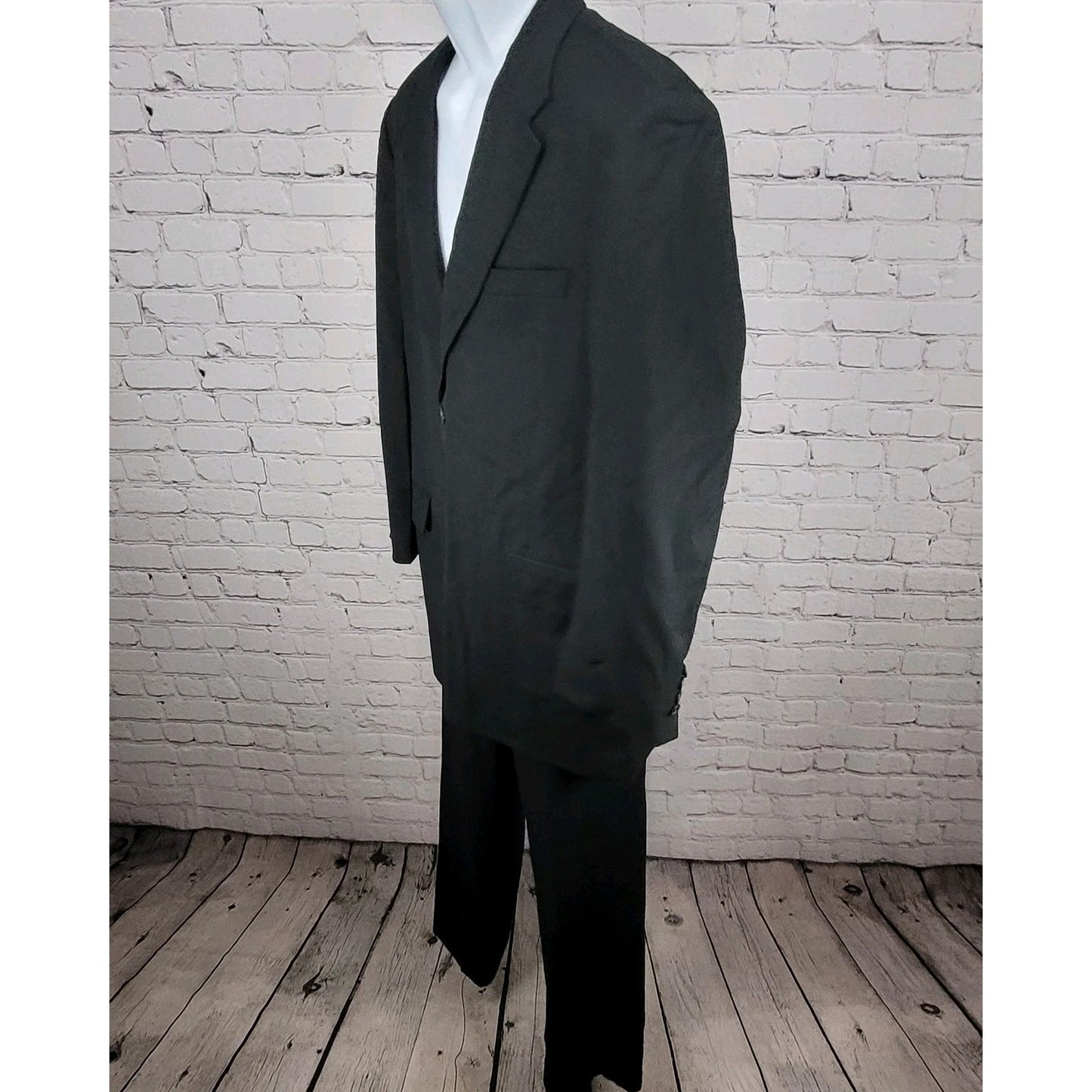Perry Ellis Black Wool Blend Full Suit Set Notch Jacket 42 Pleated Pants 34x30
