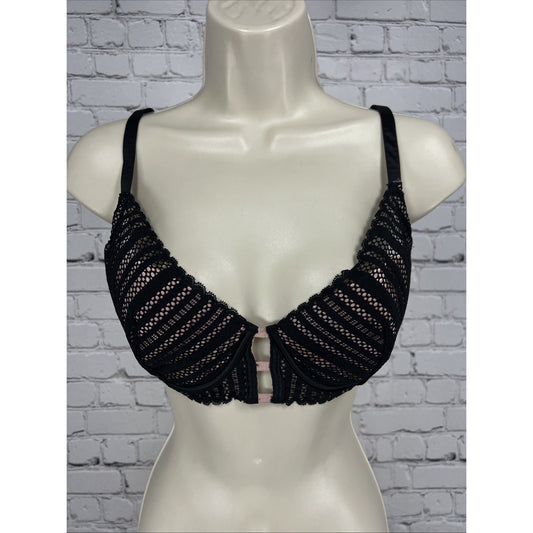 Victoria’s Secret Black Pink Mesh Opaque Light Lined Plunge Balconette Bra 32DD