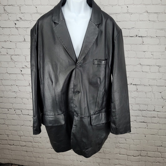 Excelled Black Genuine Leather Buttoned Notch Blazer Jacket Size 2XLT