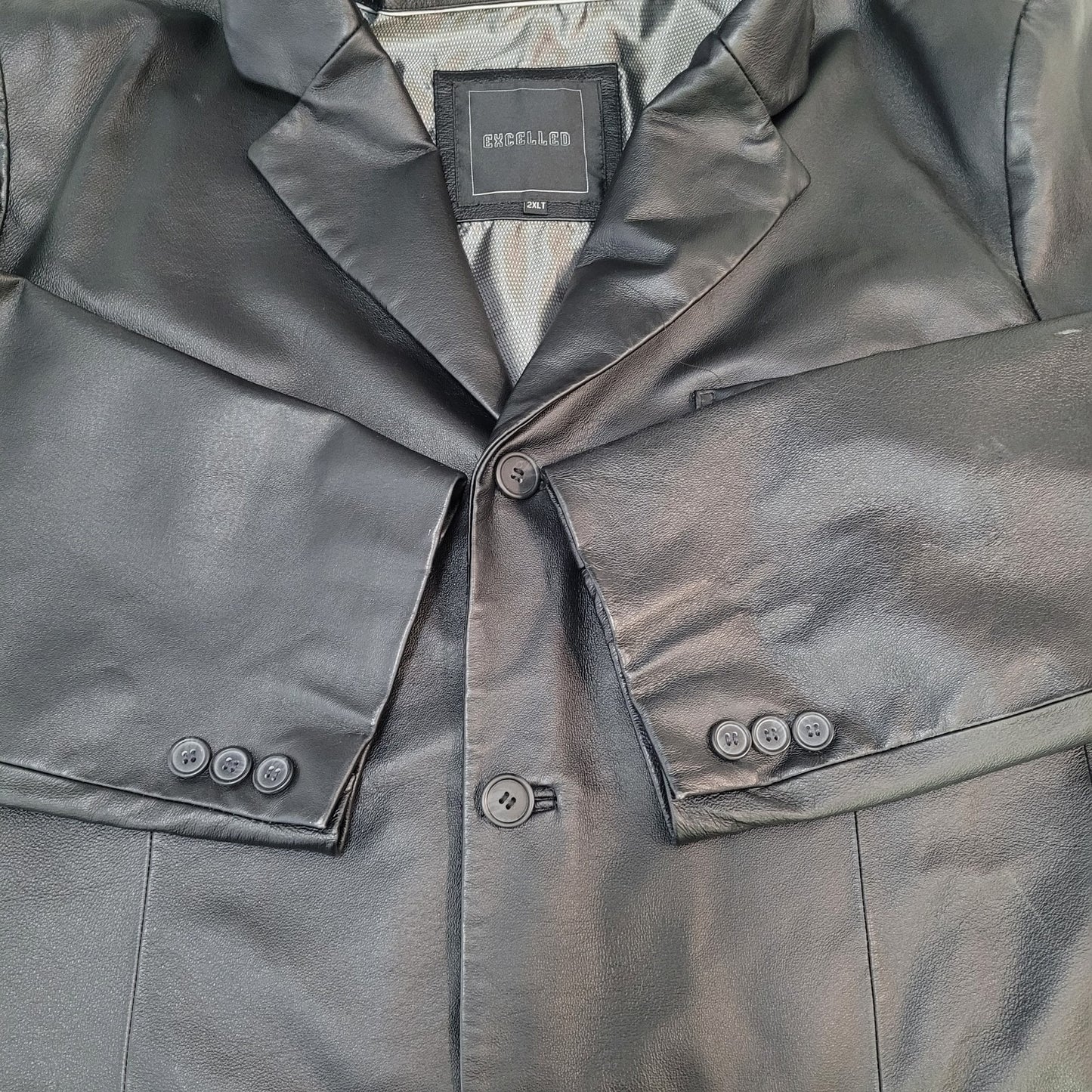 Excelled Black Genuine Leather Buttoned Notch Blazer Jacket Size 2XLT