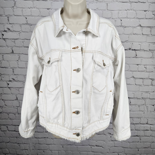 BDG White Denim 100% Cotton Distressed Oversized Buttoned Jean Jacket Large L