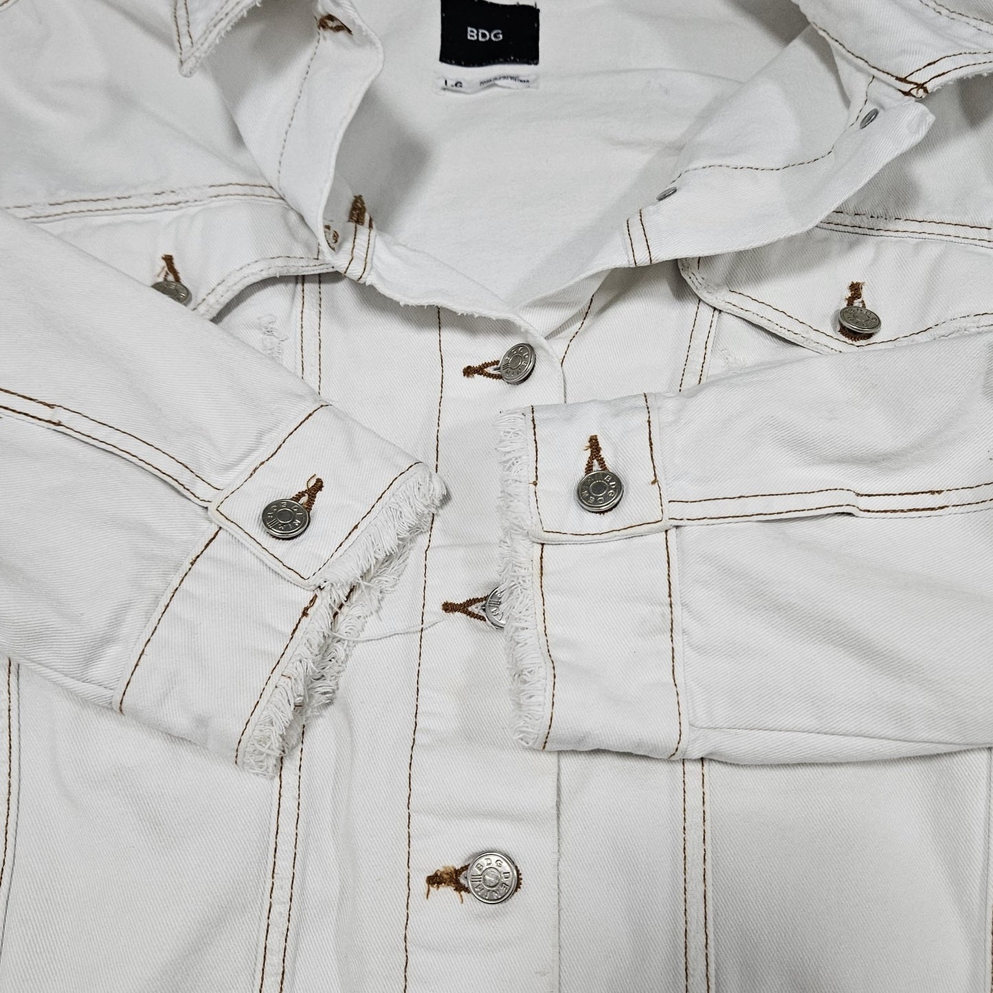 BDG White Denim 100% Cotton Distressed Oversized Buttoned Jean Jacket Large L