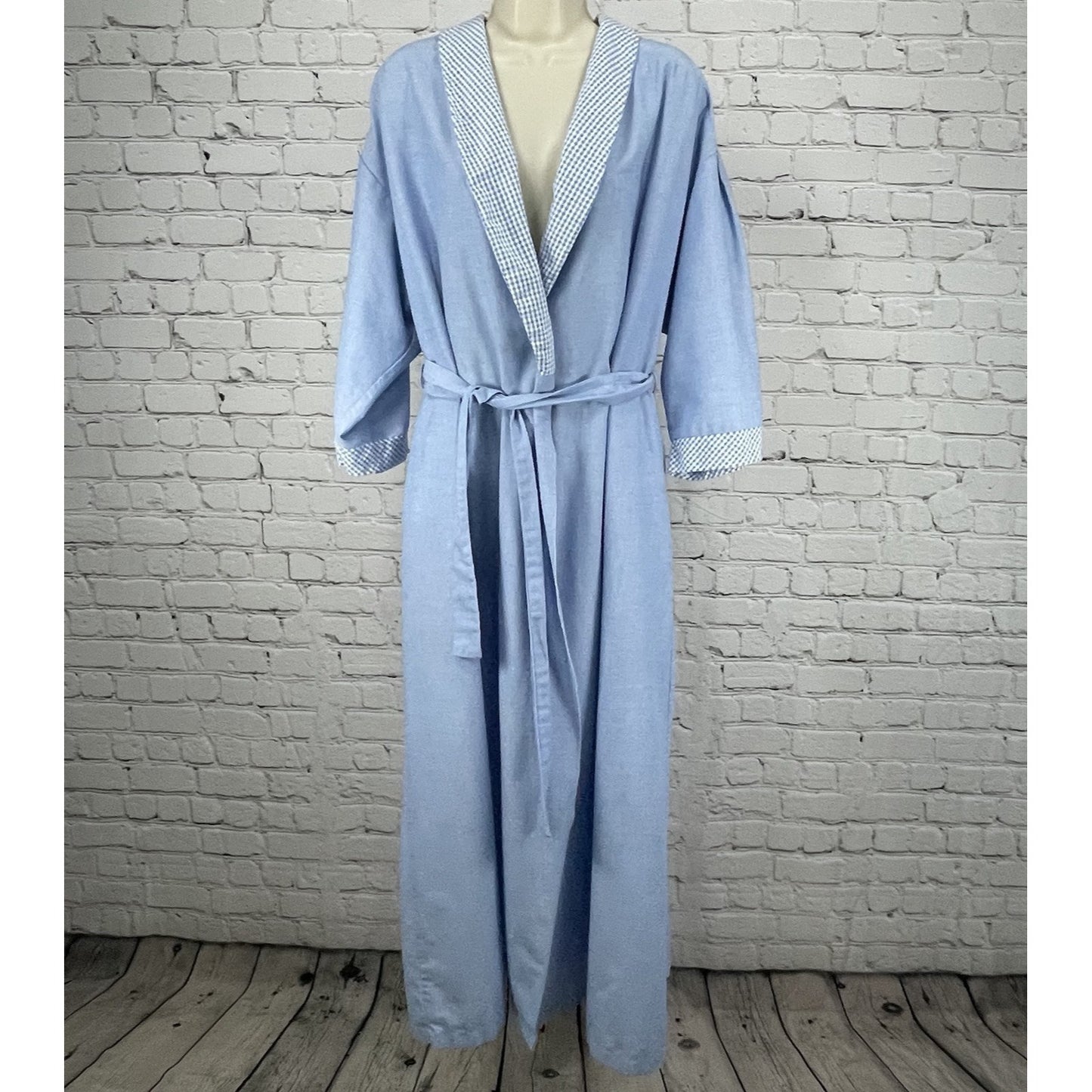 VTG Barbizon Blue Check Trim Lightweight Belted Pleated Robe Size Large L