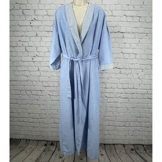 VTG Barbizon Blue Check Trim Lightweight Belted Pleated Robe Size Large L