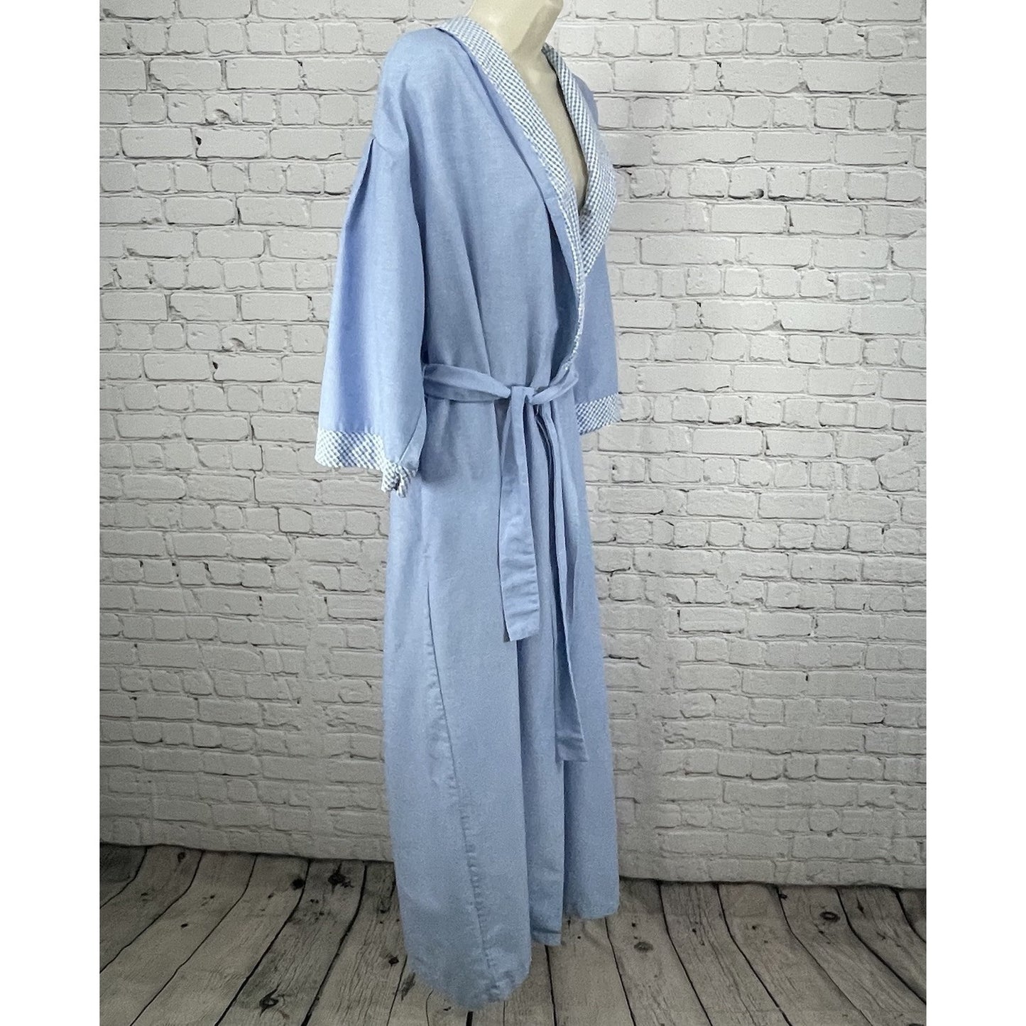 VTG Barbizon Blue Check Trim Lightweight Belted Pleated Robe Size Large L