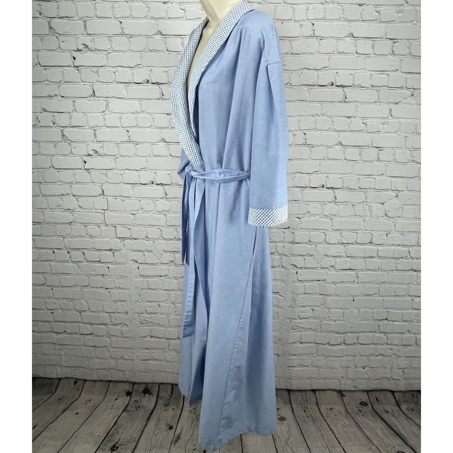 VTG Barbizon Blue Check Trim Lightweight Belted Pleated Robe Size Large L