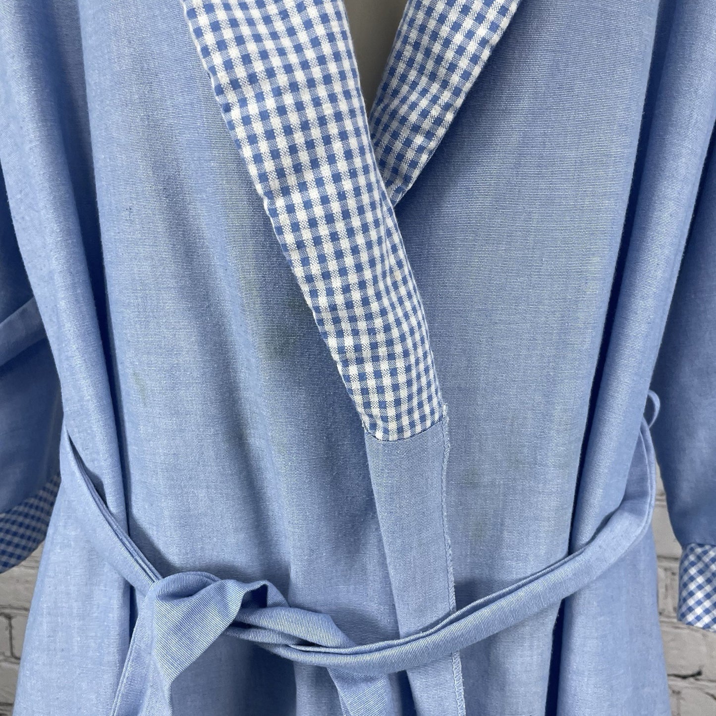 VTG Barbizon Blue Check Trim Lightweight Belted Pleated Robe Size Large L