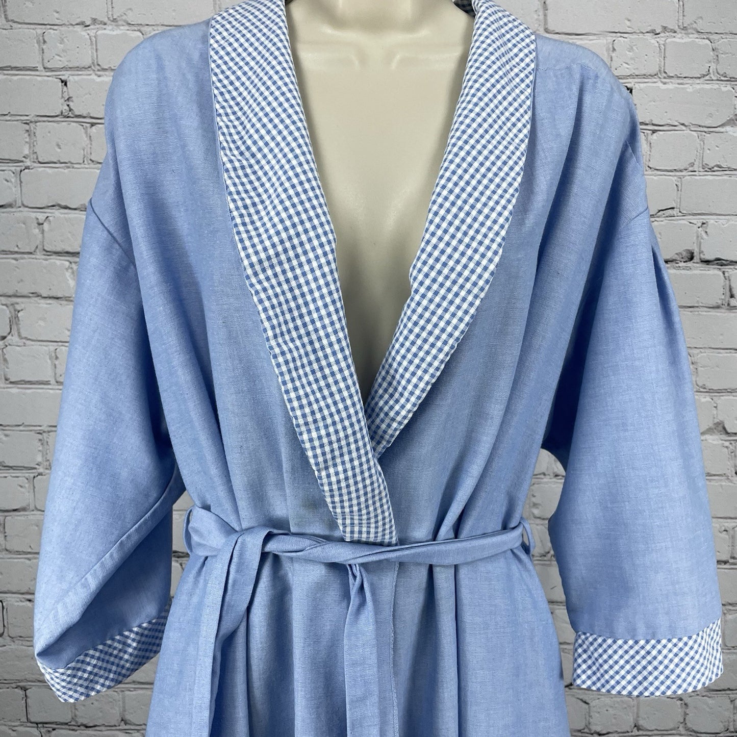 VTG Barbizon Blue Check Trim Lightweight Belted Pleated Robe Size Large L