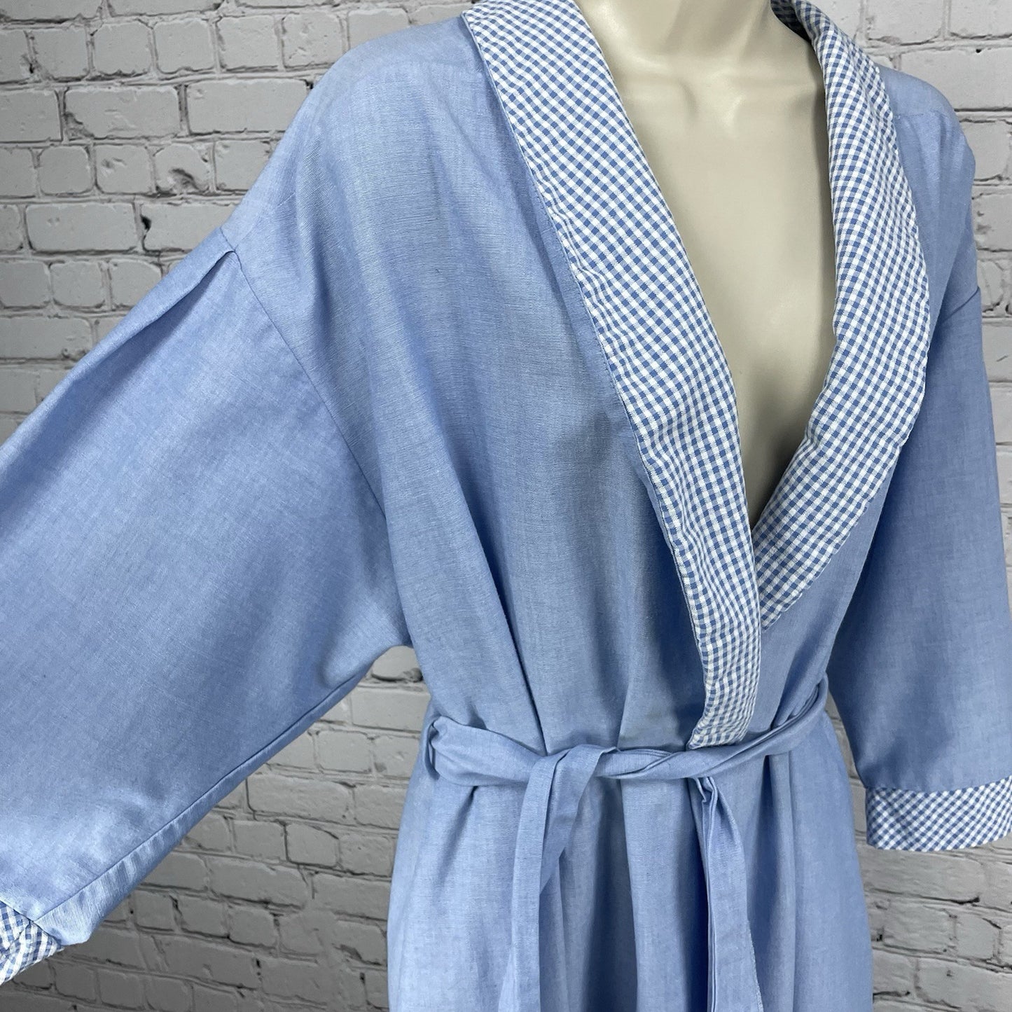 VTG Barbizon Blue Check Trim Lightweight Belted Pleated Robe Size Large L