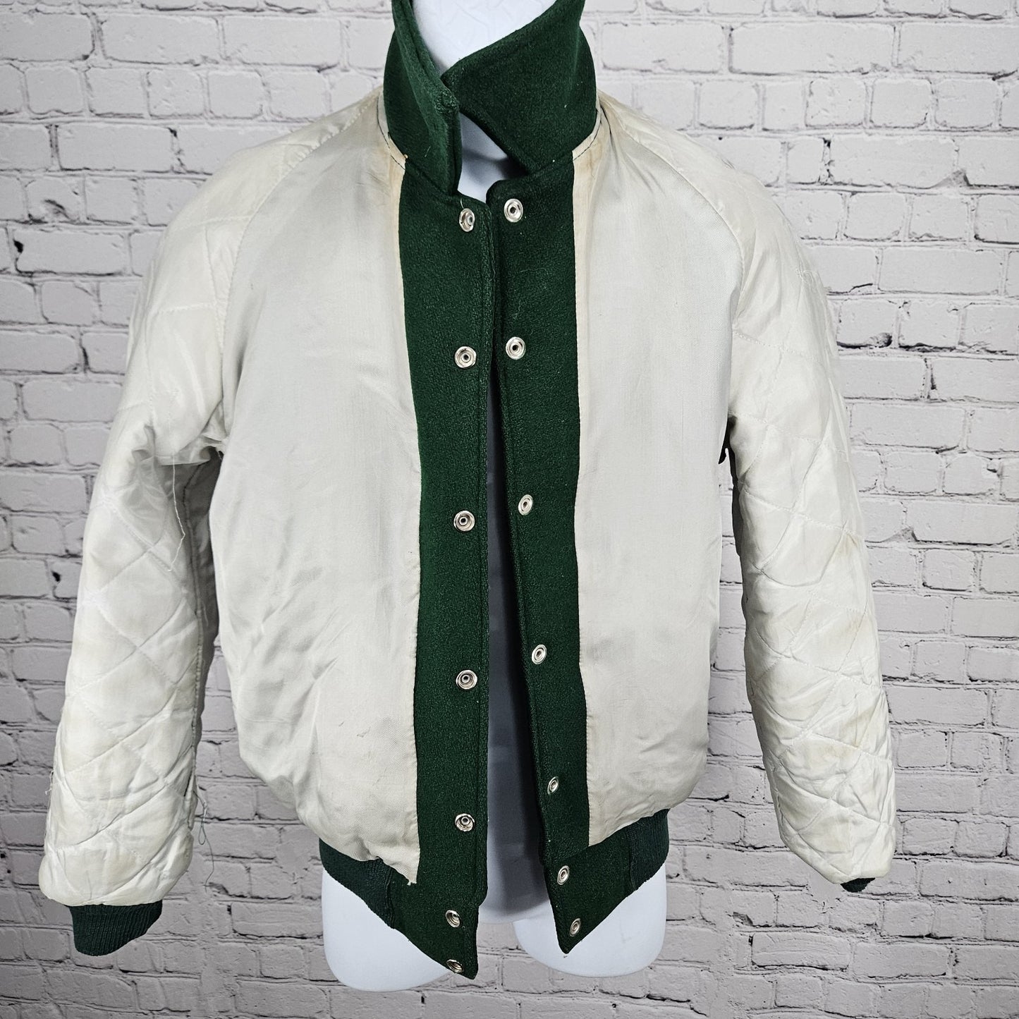 VTG Howe Green Wool Blend Varsity Letterman School Snap Point Collar Jacket 34