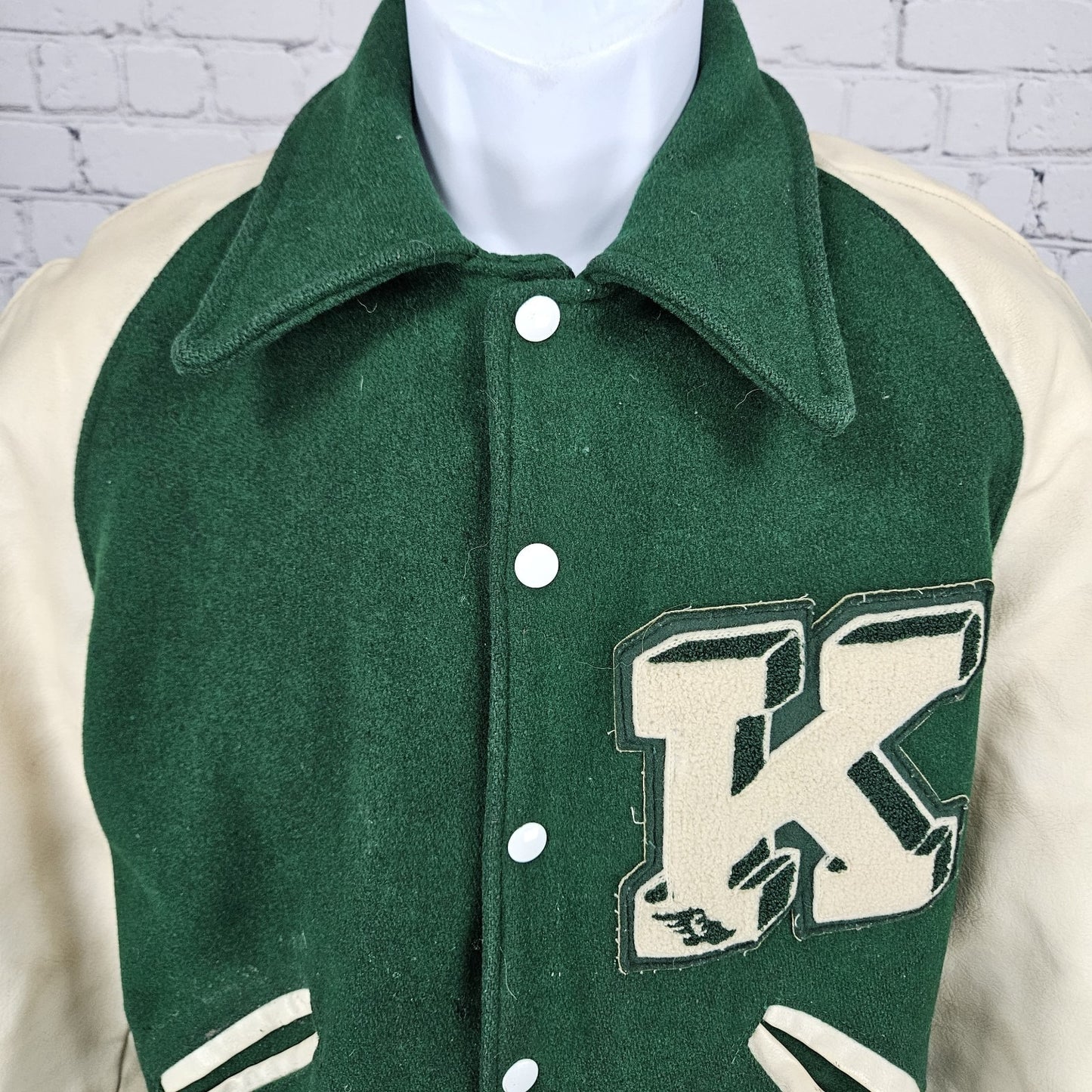 VTG Howe Green Wool Blend Varsity Letterman School Snap Point Collar Jacket 34