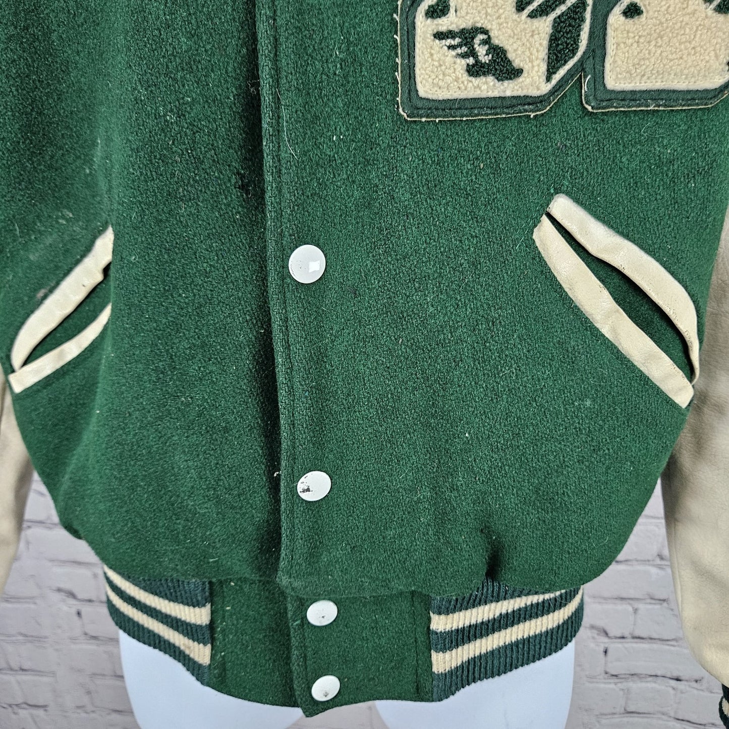 VTG Howe Green Wool Blend Varsity Letterman School Snap Point Collar Jacket 34