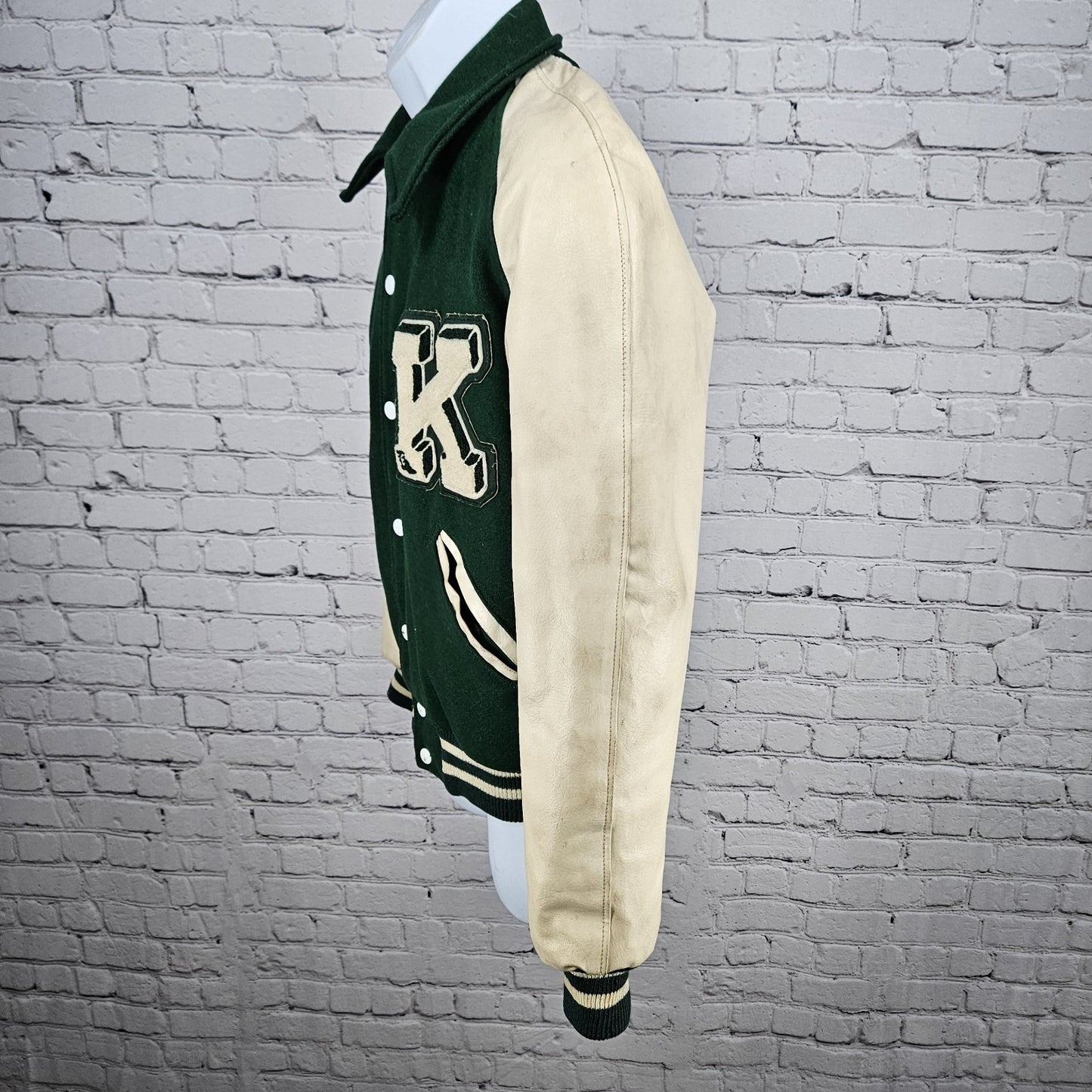 VTG Howe Green Wool Blend Varsity Letterman School Snap Point Collar Jacket 34