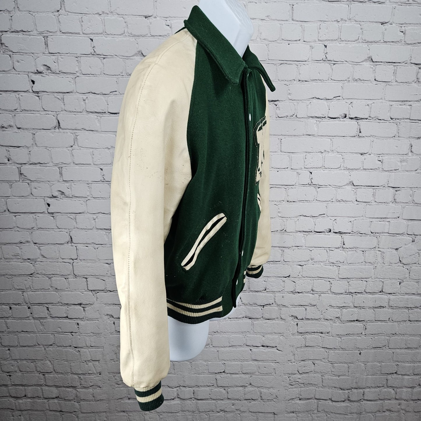 VTG Howe Green Wool Blend Varsity Letterman School Snap Point Collar Jacket 34