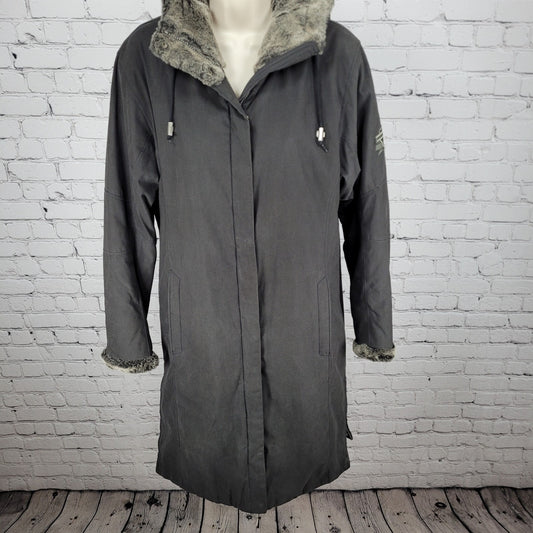 Metropolis Resort Grey Brown Faux Fur Hooded Full Zip Insulated Coat Size 10