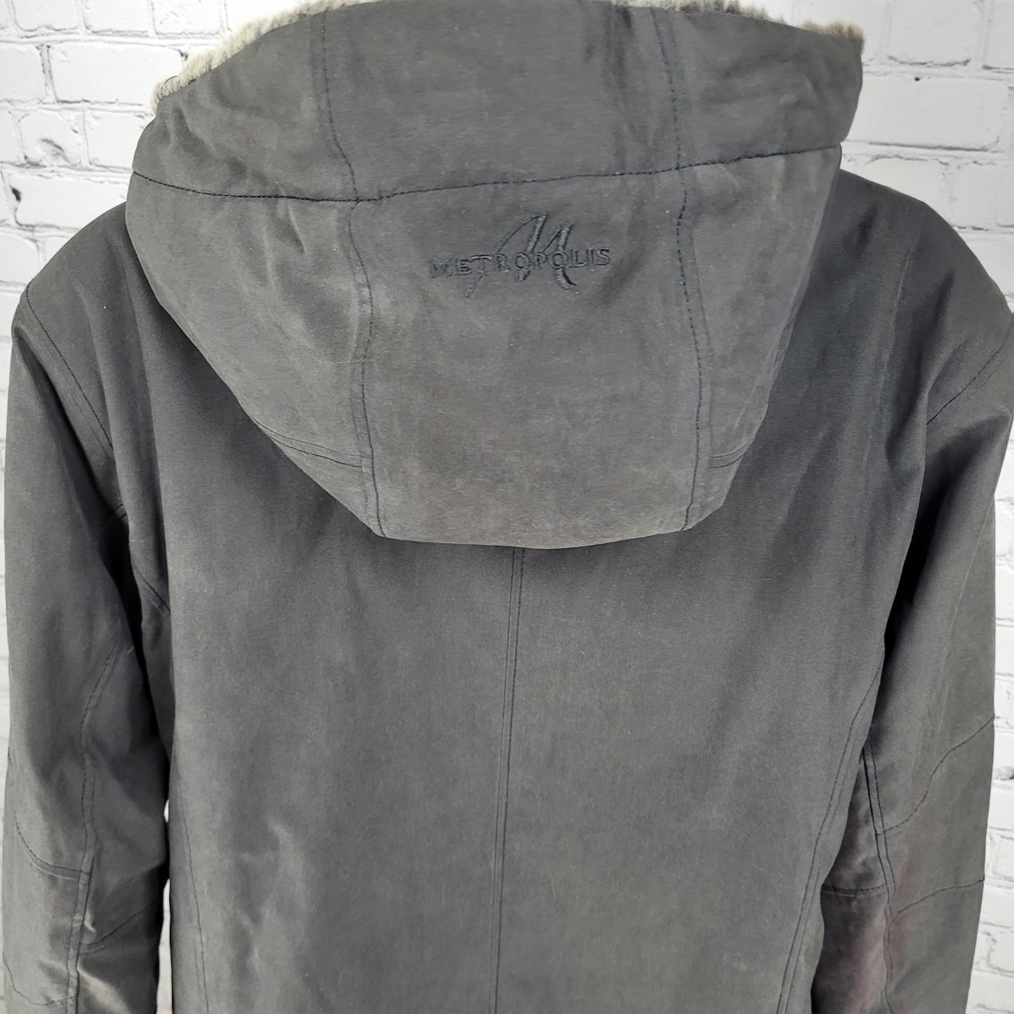 Metropolis Resort Grey Brown Faux Fur Hooded Full Zip Insulated Coat Size 10