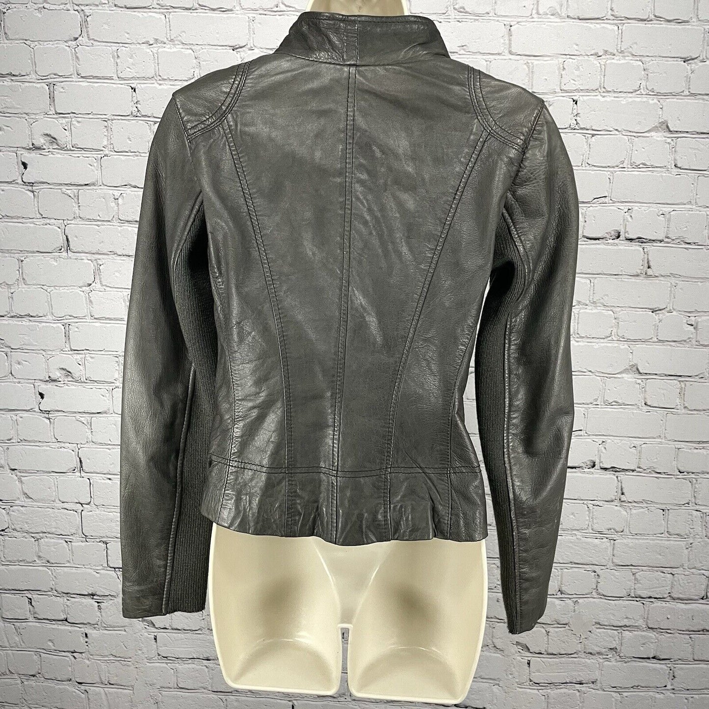 Whet Blu Dark Grey Soft Leather Biker Moto Jacket Zipped Pockets Lined Size XS