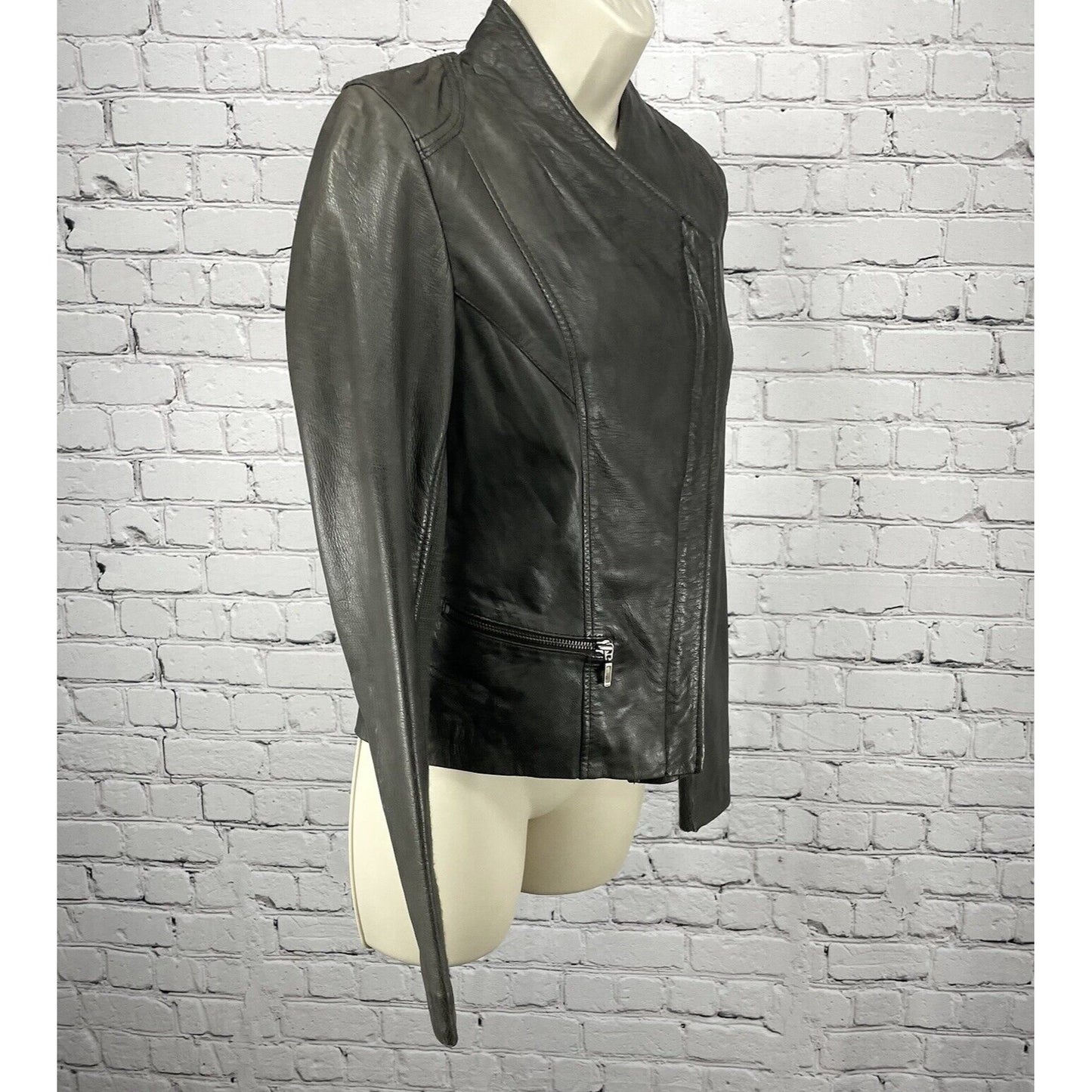 Whet Blu Dark Grey Soft Leather Biker Moto Jacket Zipped Pockets Lined Size XS