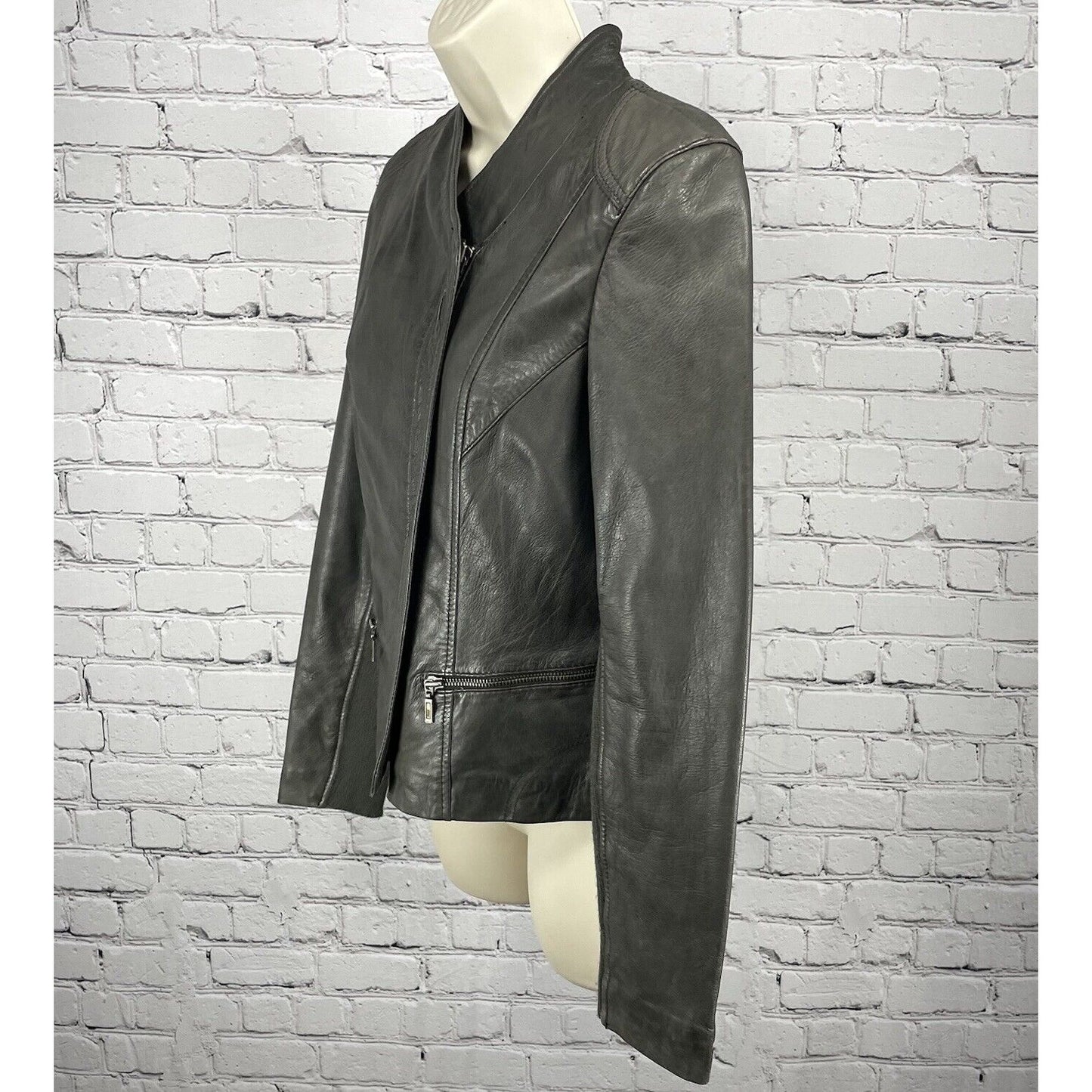 Whet Blu Dark Grey Soft Leather Biker Moto Jacket Zipped Pockets Lined Size XS