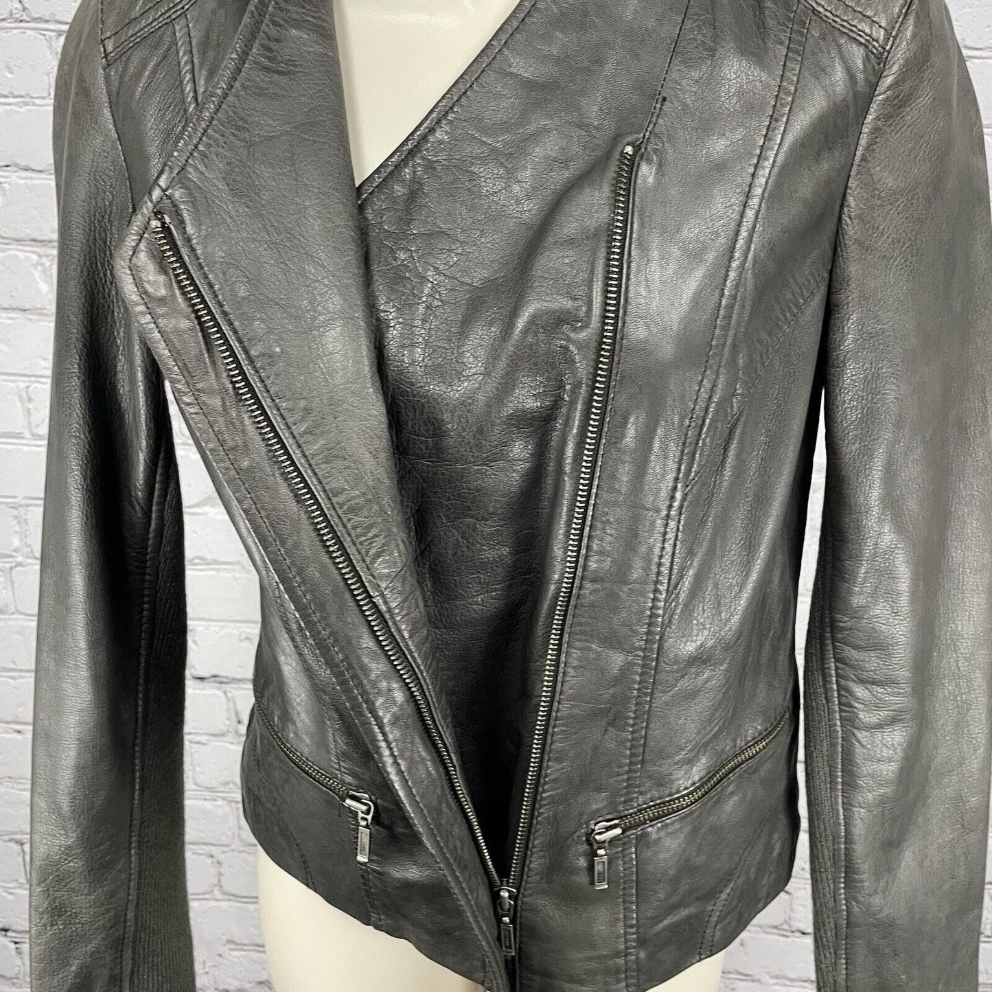 Whet Blu Dark Grey Soft Leather Biker Moto Jacket Zipped Pockets Lined Size XS