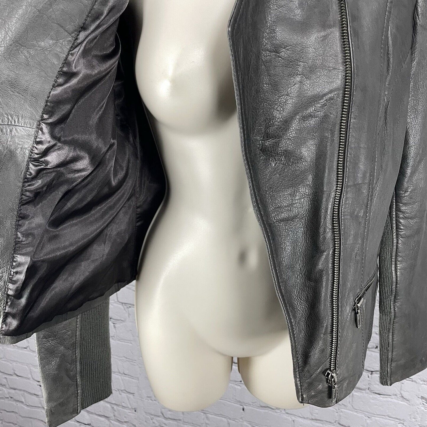 Whet Blu Dark Grey Soft Leather Biker Moto Jacket Zipped Pockets Lined Size XS
