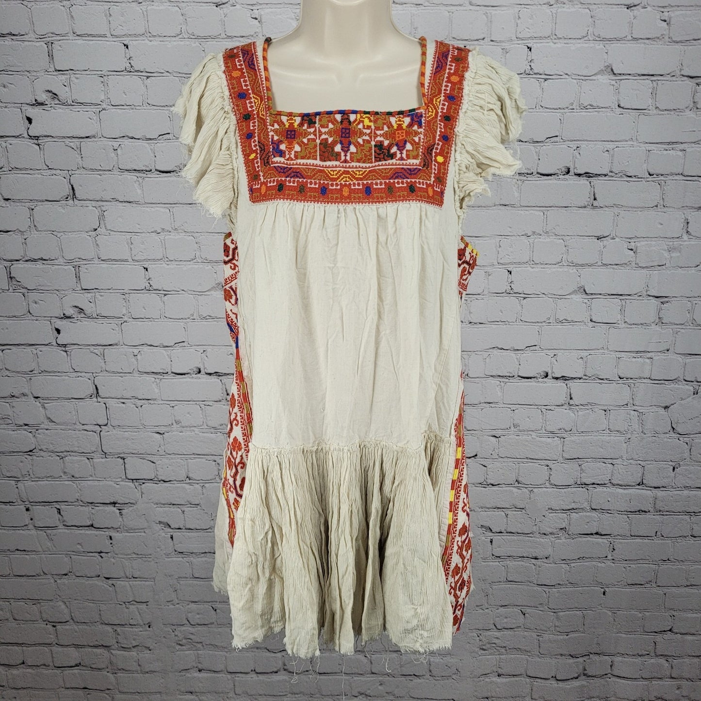 Free People Beige Colorful Aztec Embroidered Tiered Open Back Dress Medium M