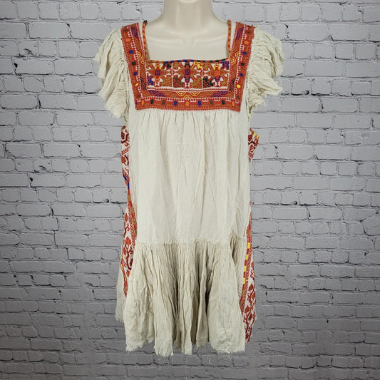 Free People Beige Colorful Aztec Embroidered Tiered Open Back Dress Medium M