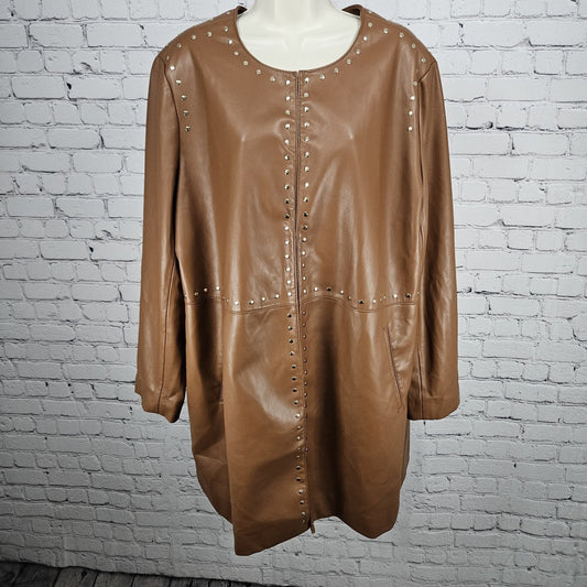 Chico's Brown Faux Leather Gold Studded Lined Long Jacket Coat 4 US 20/22