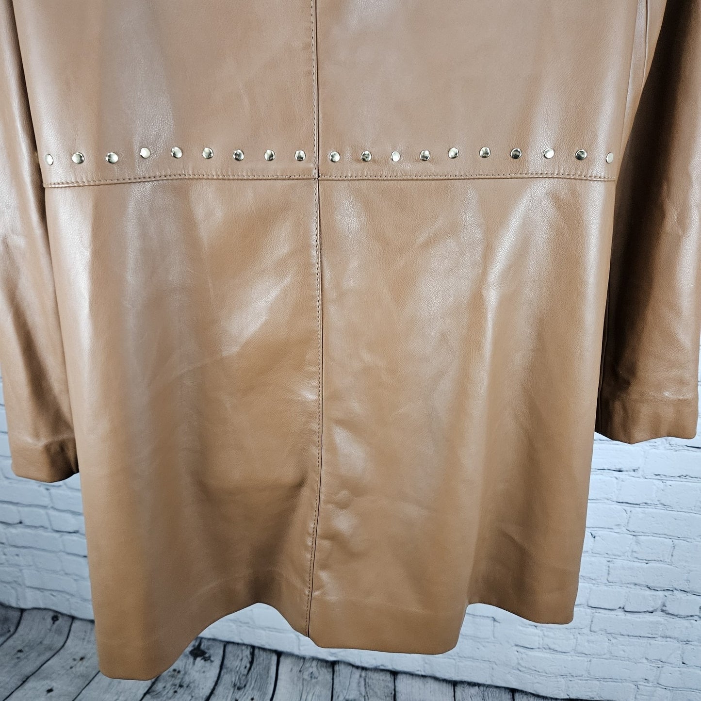 Chico's Brown Faux Leather Gold Studded Lined Long Jacket Coat 4 US 20/22