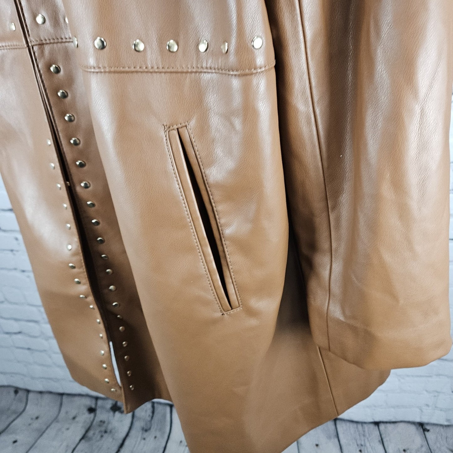 Chico's Brown Faux Leather Gold Studded Lined Long Jacket Coat 4 US 20/22