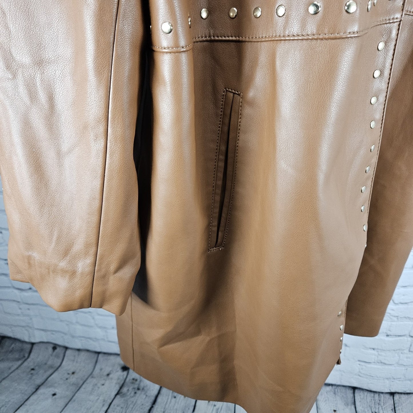 Chico's Brown Faux Leather Gold Studded Lined Long Jacket Coat 4 US 20/22