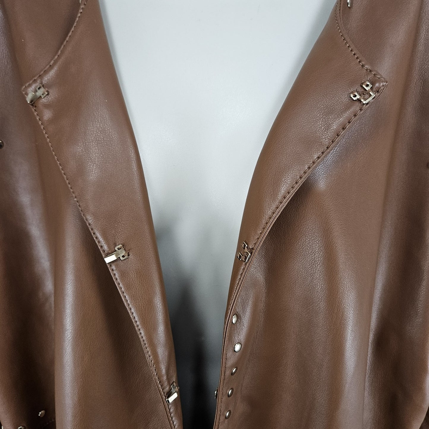 Chico's Brown Faux Leather Gold Studded Lined Long Jacket Coat 4 US 20/22