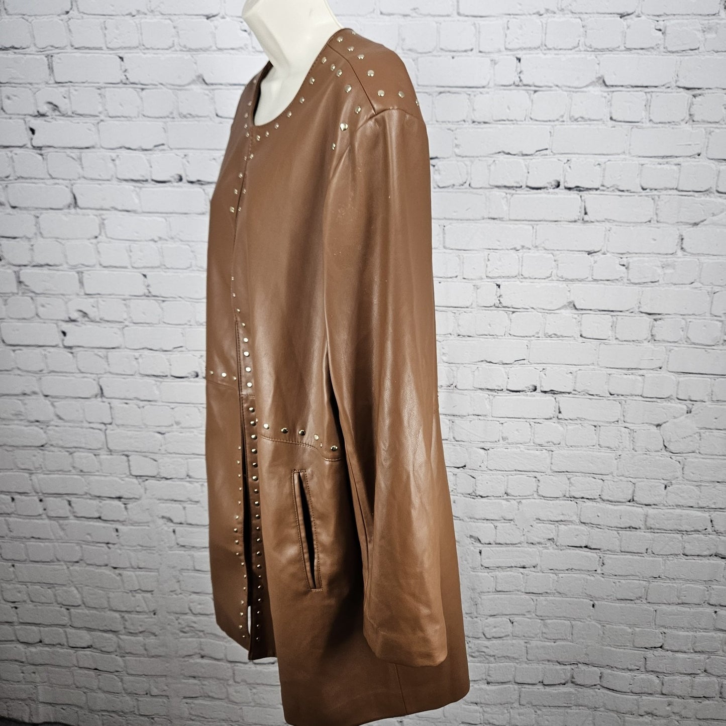 Chico's Brown Faux Leather Gold Studded Lined Long Jacket Coat 4 US 20/22